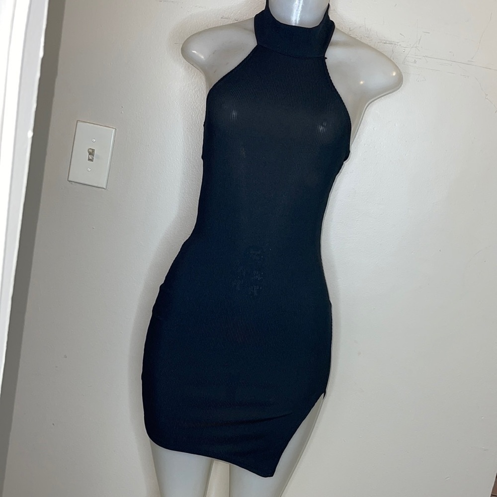 PrettyLittleThing Black High Neck Ribbed Mini Dress Size 0
